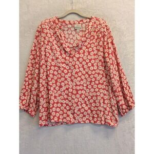 St Johns‎ Bay Red Daisy Print Blouse Women's Size Large V Neck 3/4 Sleeve